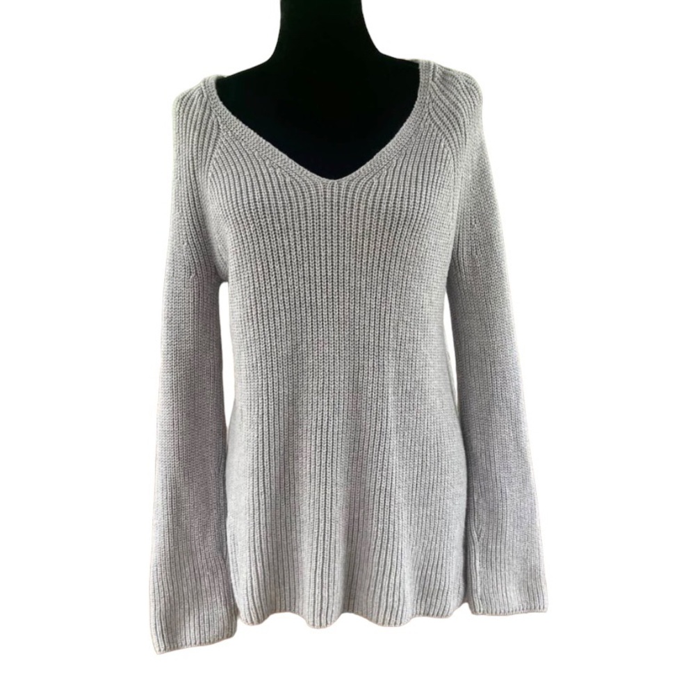 Lou & Grey Women's Grey Chunky Knit V-Neck Pullover Sweater Size S Wool Blend